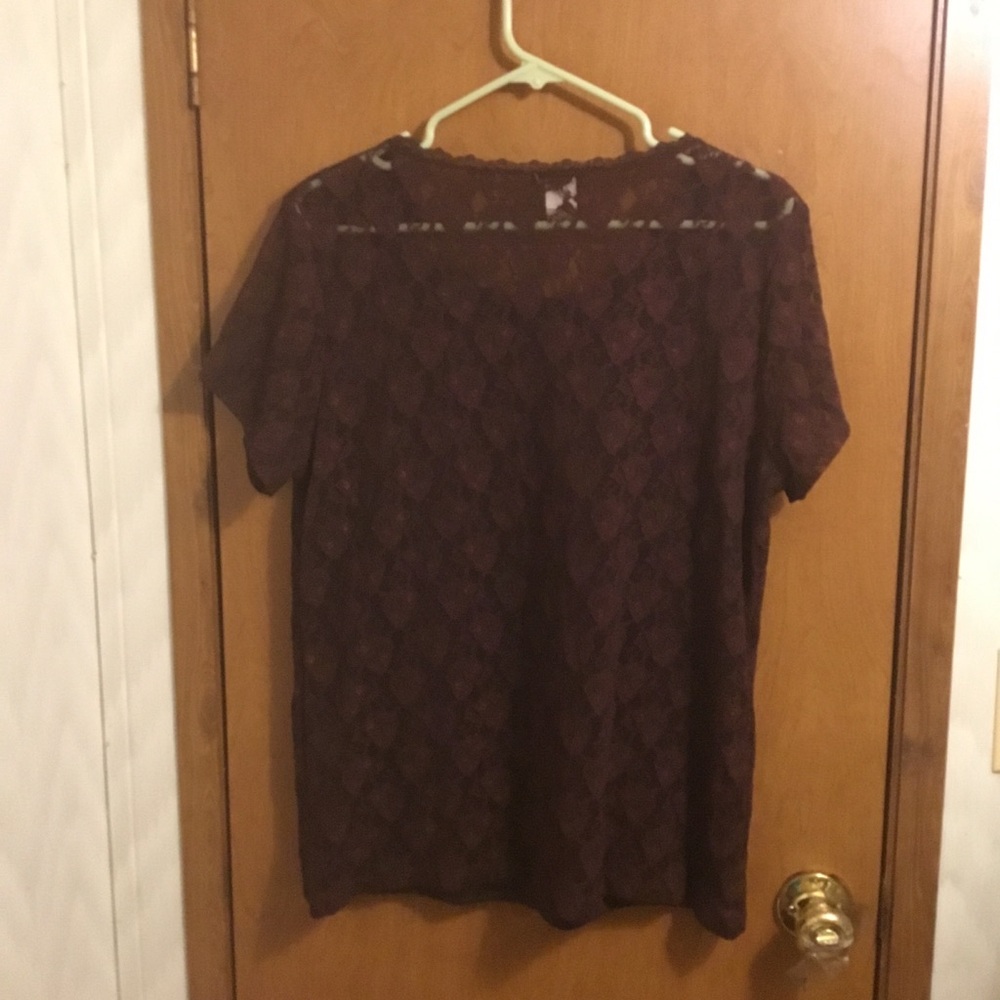 Women’s Lace Overlay Short Sleeve Tee - Brown 2X - Picture 4 of 5